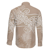Aotearoa Maori Koru Curves Family Matching Off Shoulder Maxi Dress and Hawaiian Shirt Silver Ferns - Mocha LT7 - Polynesian Pride