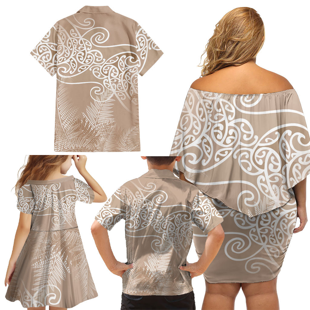 Aotearoa Maori Koru Curves Family Matching Off Shoulder Short Dress and Hawaiian Shirt Silver Ferns - Mocha LT7 - Polynesian Pride