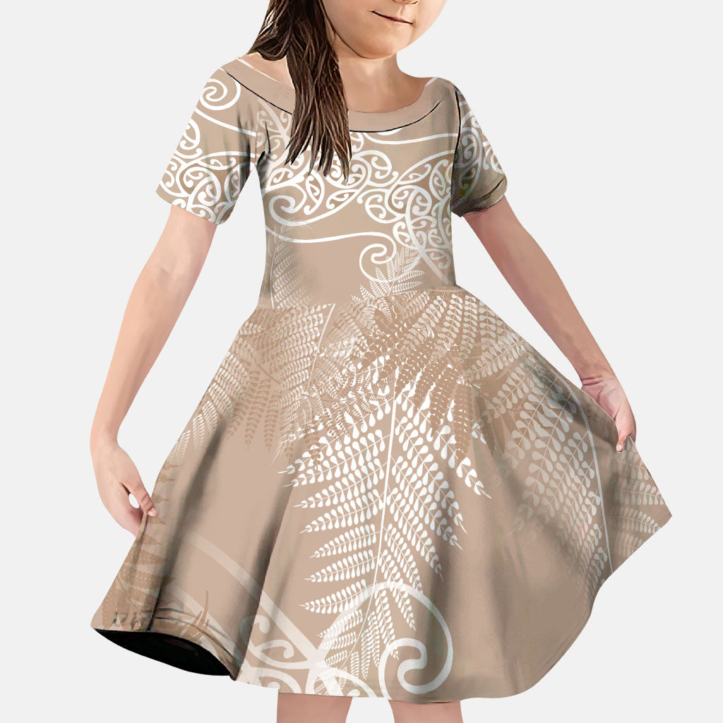 Aotearoa Maori Koru Curves Family Matching Puletasi and Hawaiian Shirt Silver Ferns - Mocha