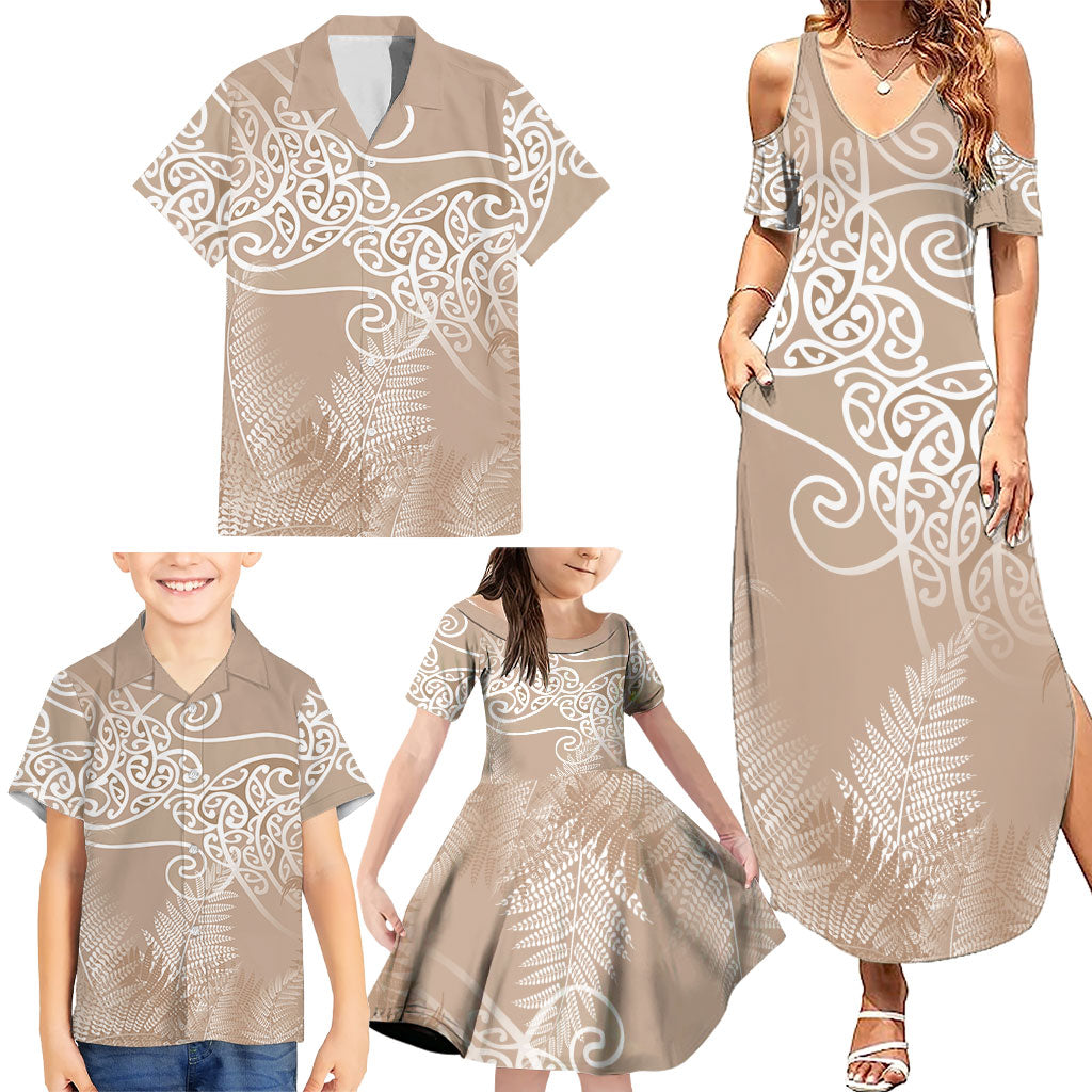 Aotearoa Maori Koru Curves Family Matching Summer Maxi Dress and Hawaiian Shirt Silver Ferns - Mocha LT7 - Polynesian Pride