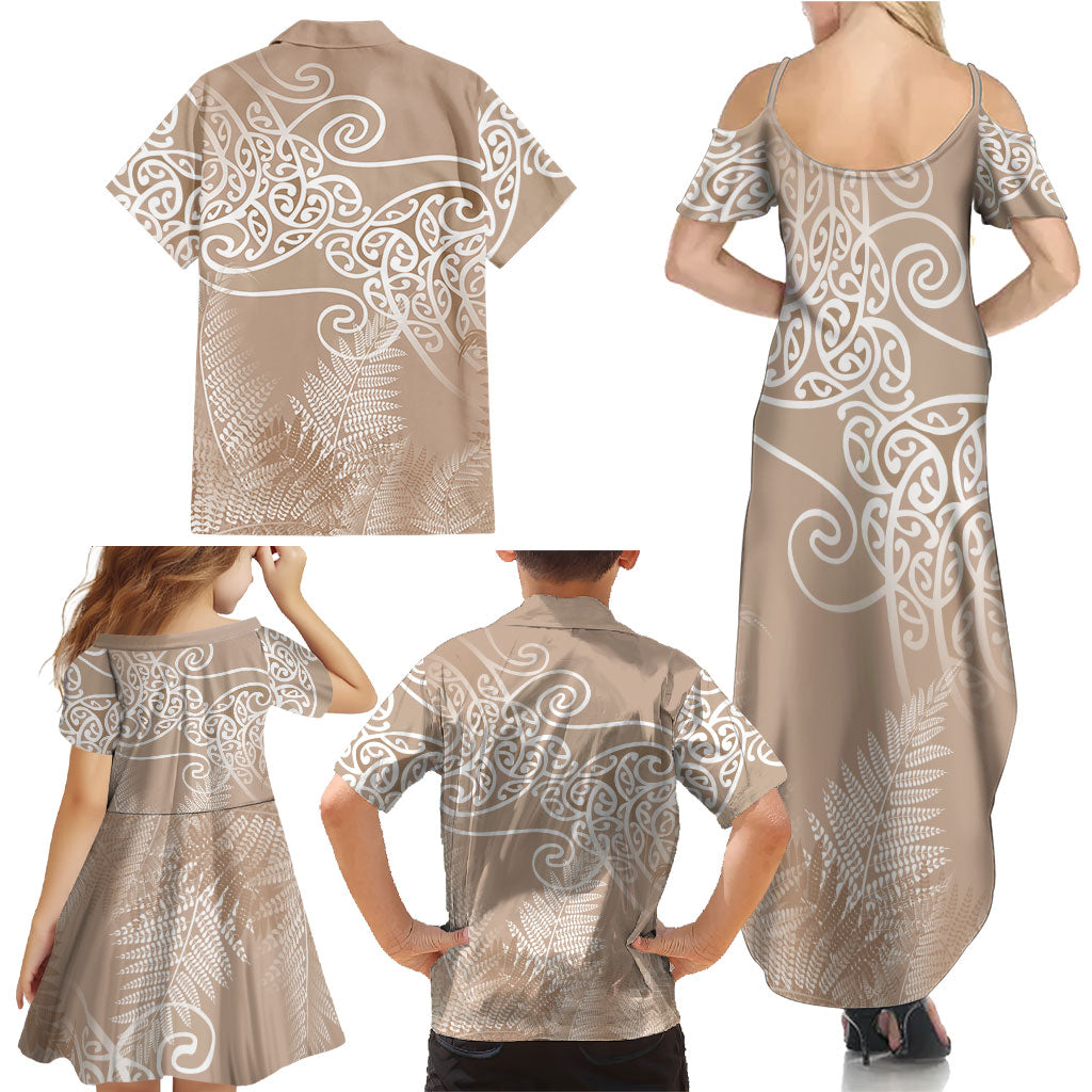 Aotearoa Maori Koru Curves Family Matching Summer Maxi Dress and Hawaiian Shirt Silver Ferns - Mocha LT7 - Polynesian Pride