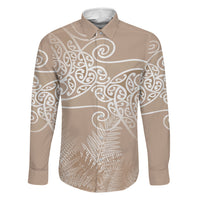 Aotearoa Maori Koru Curves Family Matching Summer Maxi Dress and Hawaiian Shirt Silver Ferns - Mocha LT7 Dad's Shirt - Long Sleeve Beige - Polynesian Pride