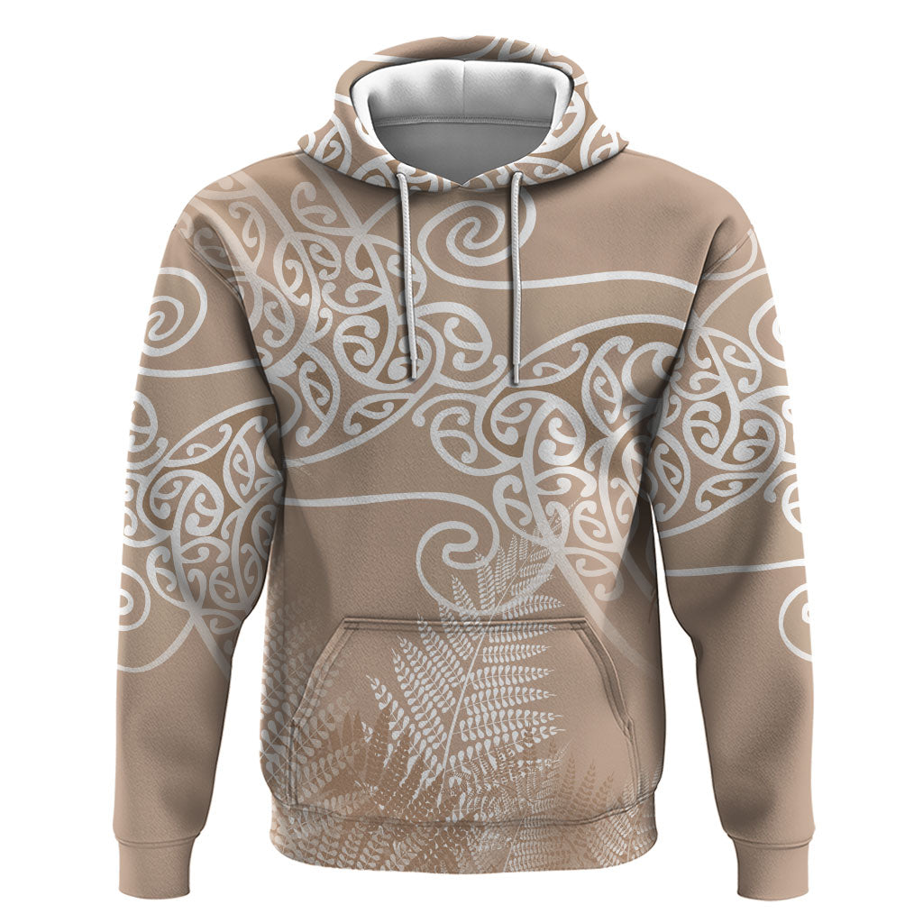 Aotearoa Maori Koru Curves Hoodie Silver Ferns - Mocha
