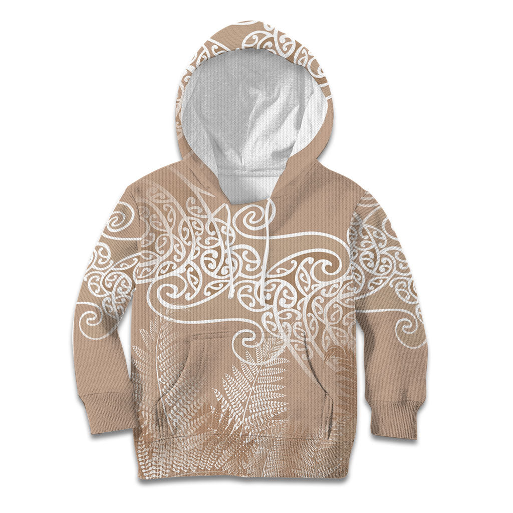 Aotearoa Maori Koru Curves Kid Hoodie Silver Ferns - Mocha
