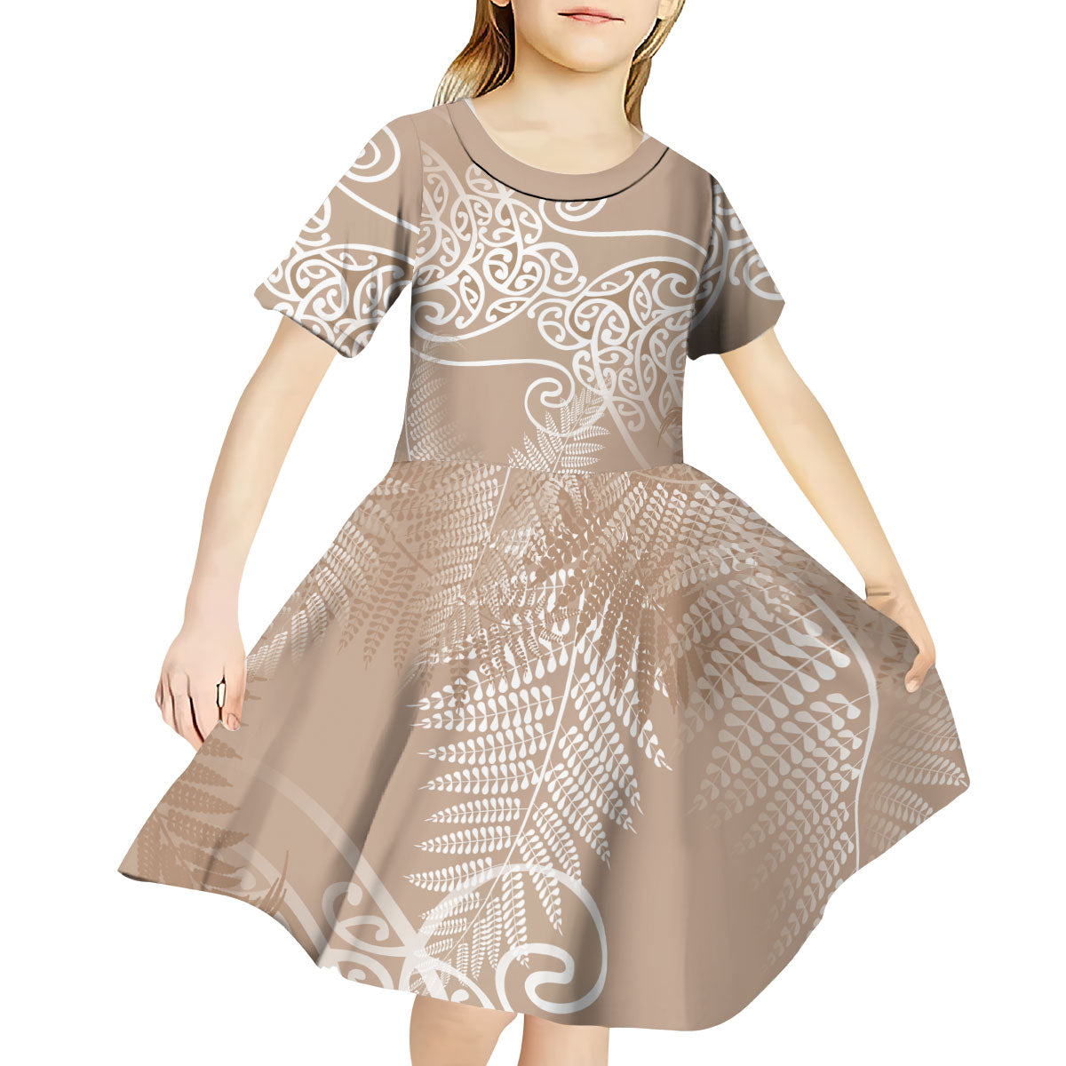 Aotearoa Maori Koru Curves Kid Short Sleeve Dress Silver Ferns - Mocha