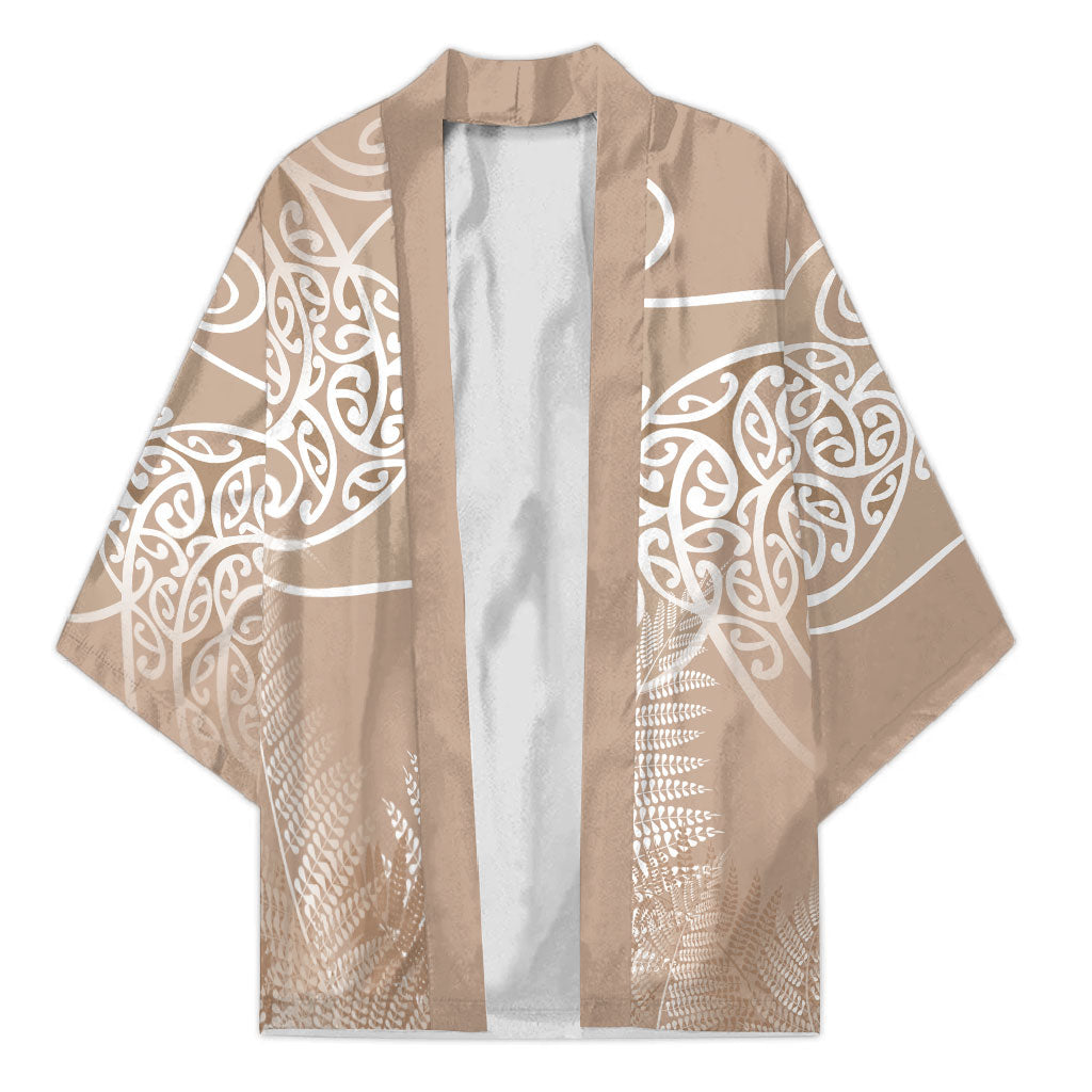 Aotearoa Maori Koru Curves Kimono Silver Ferns - Mocha