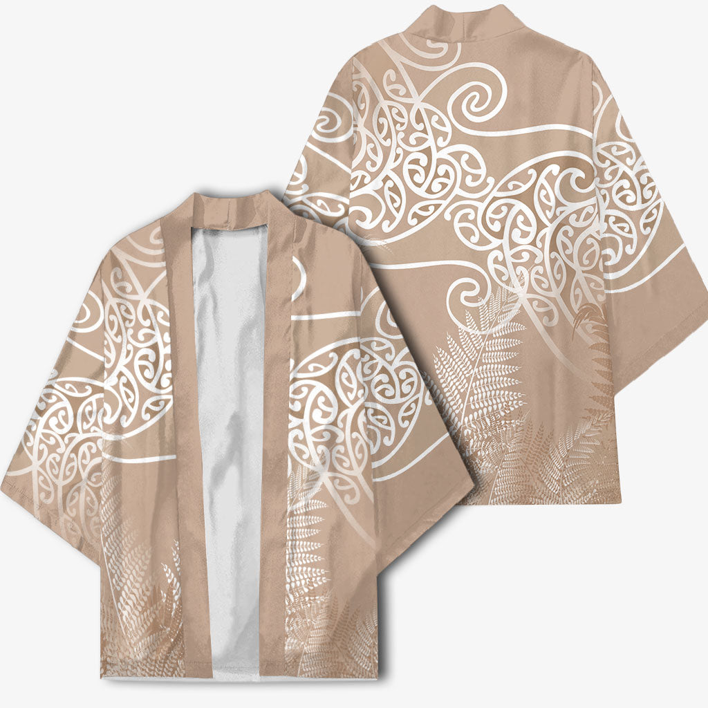 Aotearoa Maori Koru Curves Kimono Silver Ferns - Mocha