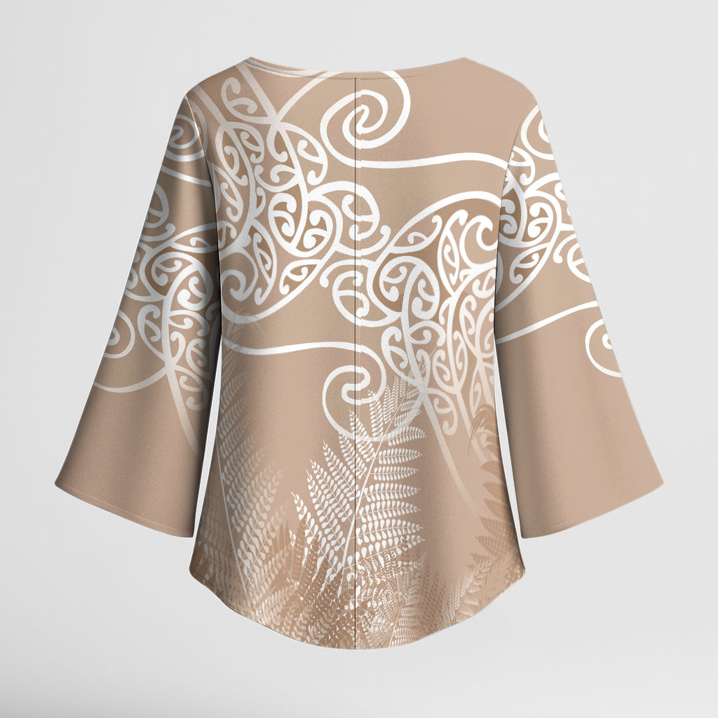 Aotearoa Maori Koru Curves Kimono Sleeve Blouse Silver Ferns - Mocha