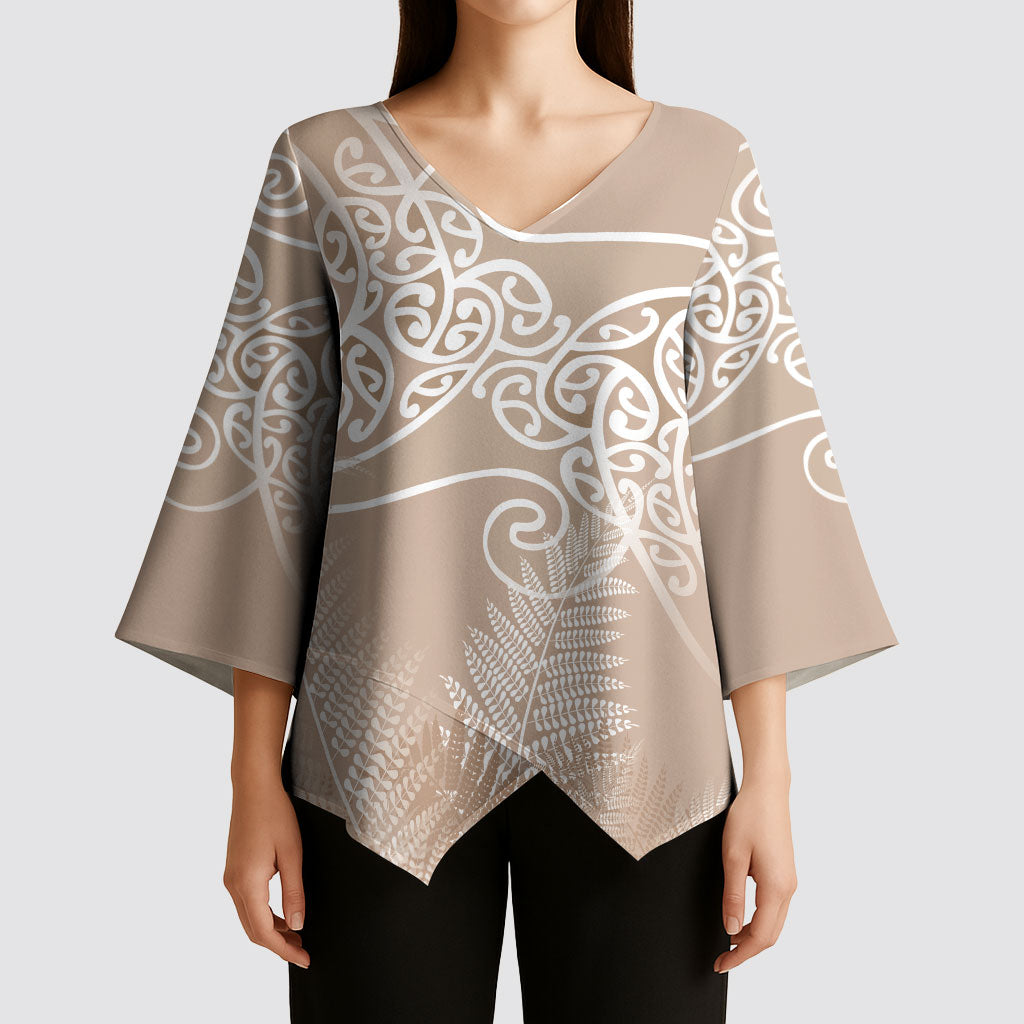 Aotearoa Maori Koru Curves Kimono Sleeve Blouse Silver Ferns - Mocha