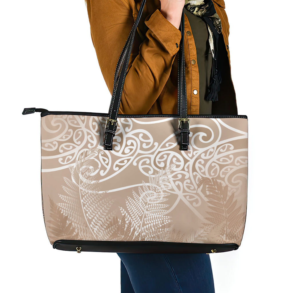 Aotearoa Maori Koru Curves Leather Tote Bag Silver Ferns - Mocha