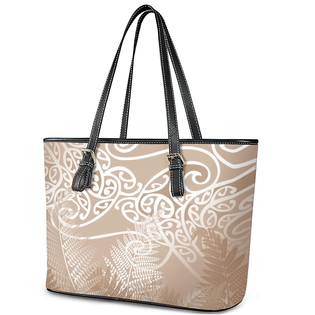 Aotearoa Maori Koru Curves Leather Tote Bag Silver Ferns - Mocha