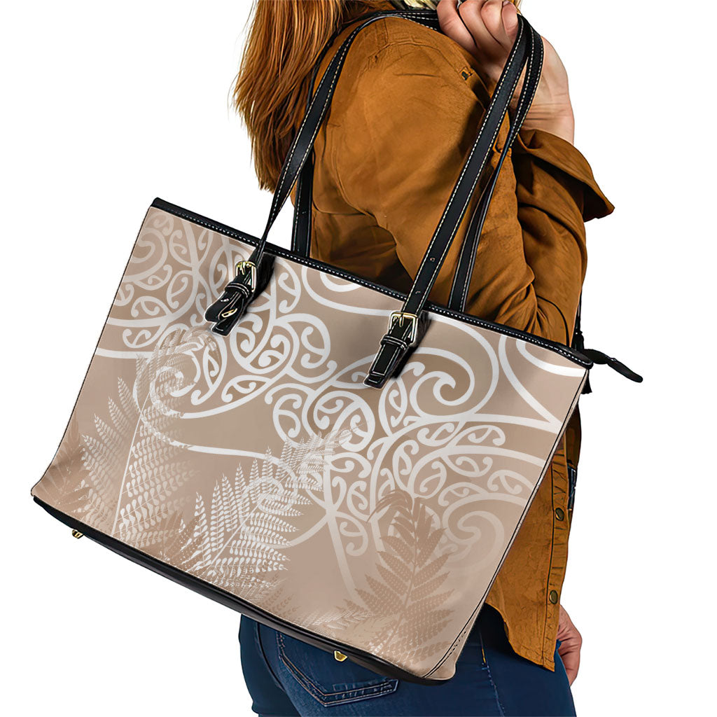 Aotearoa Maori Koru Curves Leather Tote Bag Silver Ferns - Mocha