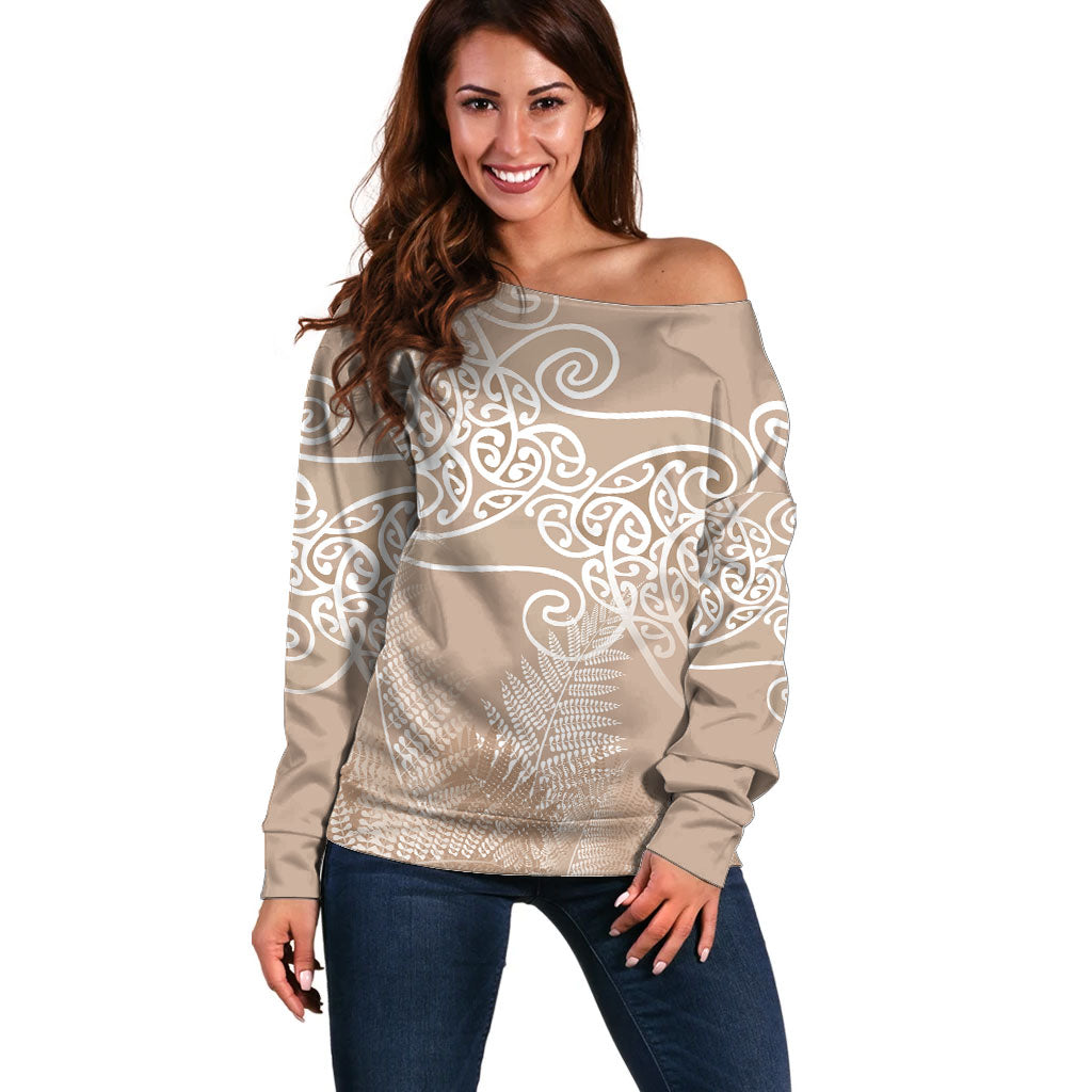 Aotearoa Maori Koru Curves Off Shoulder Sweater Silver Ferns - Mocha