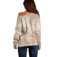 Aotearoa Maori Koru Curves Off Shoulder Sweater Silver Ferns - Mocha