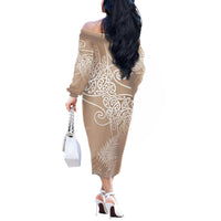 Aotearoa Maori Koru Curves Off The Shoulder Long Sleeve Dress Silver Ferns - Mocha