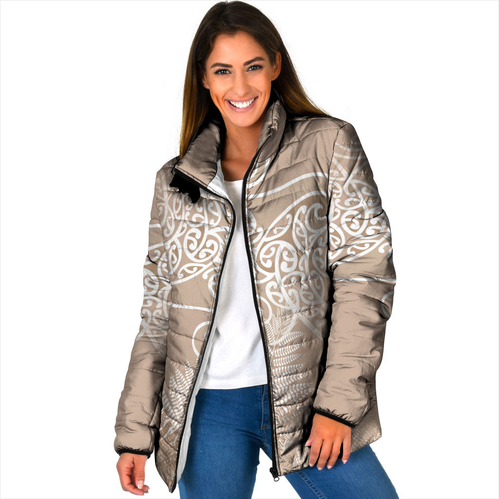 Aotearoa Maori Koru Curves Padded Jacket Silver Ferns - Mocha