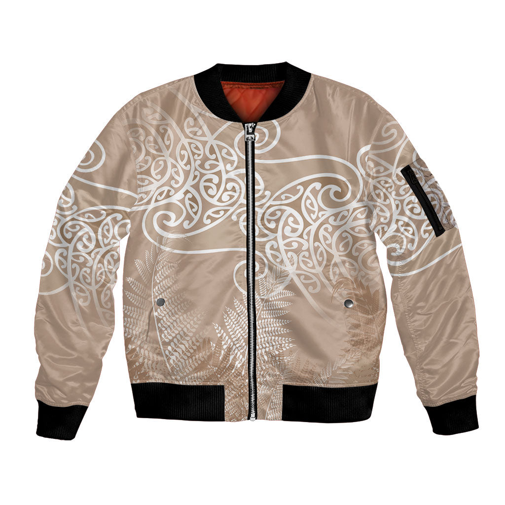 Aotearoa Maori Koru Curves Sleeve Zip Bomber Jacket Silver Ferns - Mocha