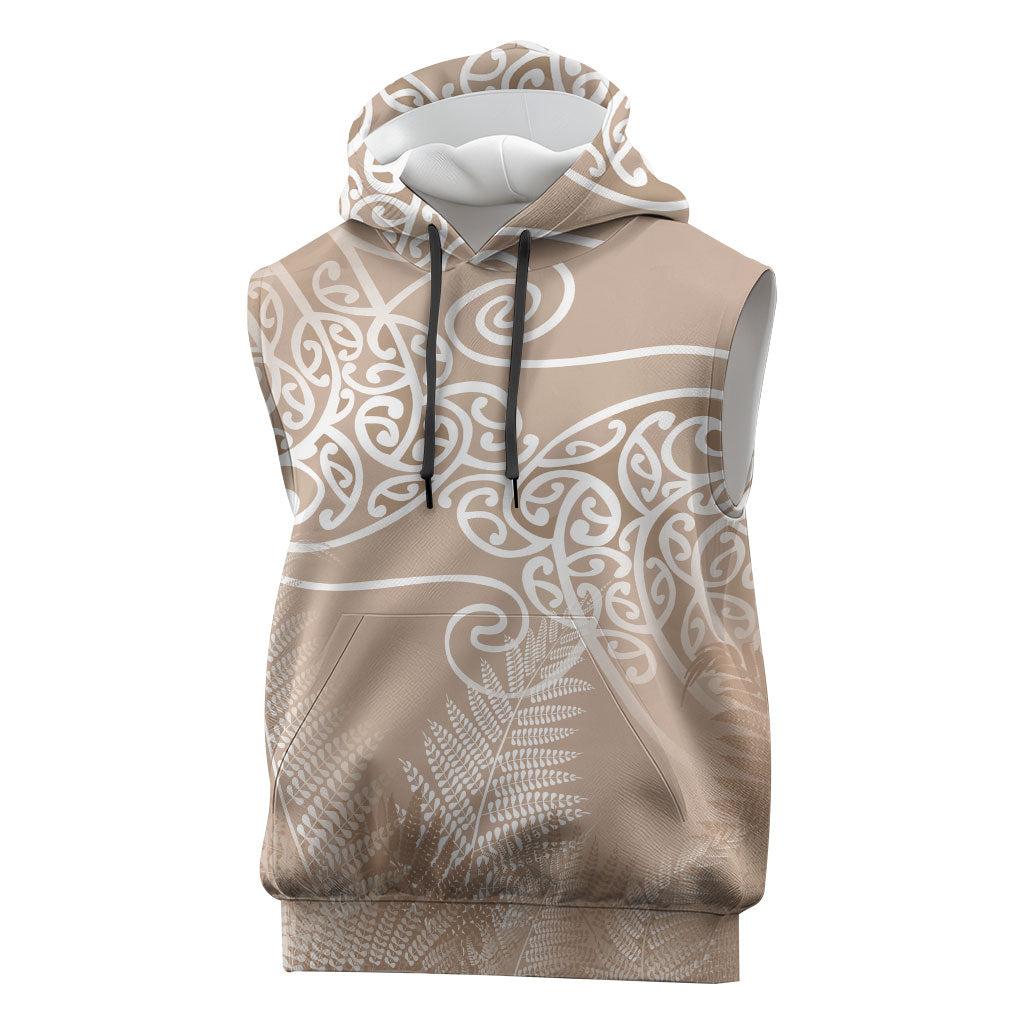 Aotearoa Maori Koru Curves Sleeveless Hoodie Silver Ferns - Mocha