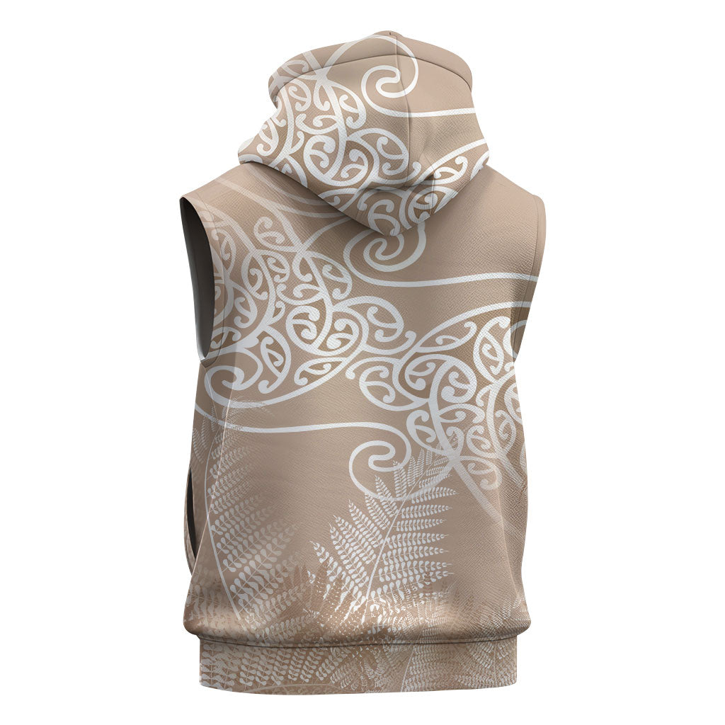 Aotearoa Maori Koru Curves Sleeveless Zip Hoodie Silver Ferns - Mocha