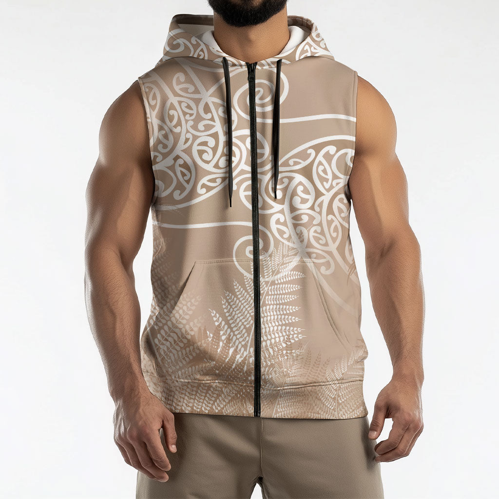 Aotearoa Maori Koru Curves Sleeveless Zip Hoodie Silver Ferns - Mocha