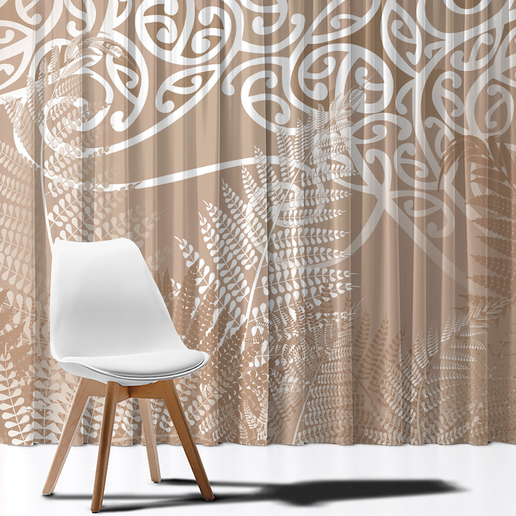Aotearoa Maori Koru Curves Window Curtain Silver Ferns - Mocha