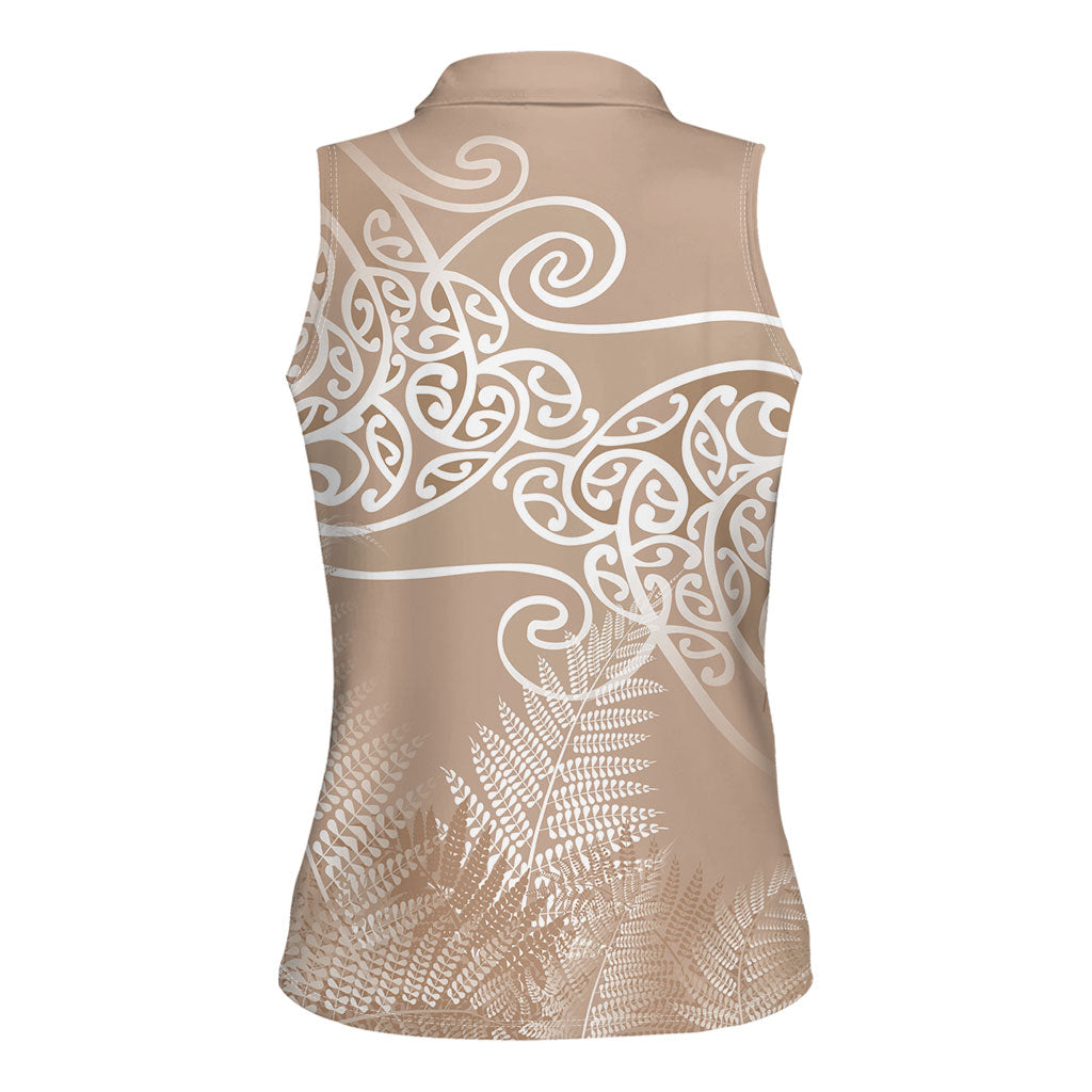 Aotearoa Maori Koru Curves Women Sleeveless Polo Shirt Silver Ferns - Mocha