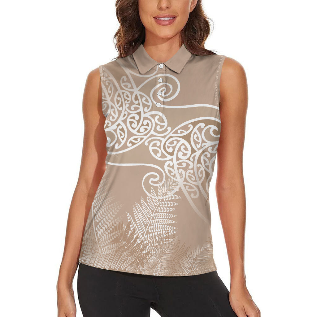 Aotearoa Maori Koru Curves Women Sleeveless Polo Shirt Silver Ferns - Mocha