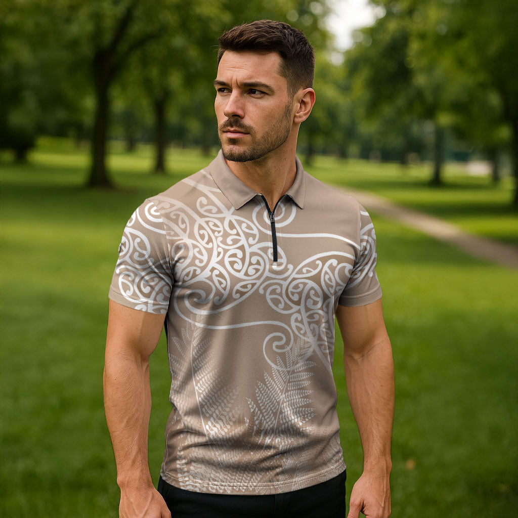 Aotearoa Maori Koru Curves Zipper Polo Shirt Silver Ferns - Mocha