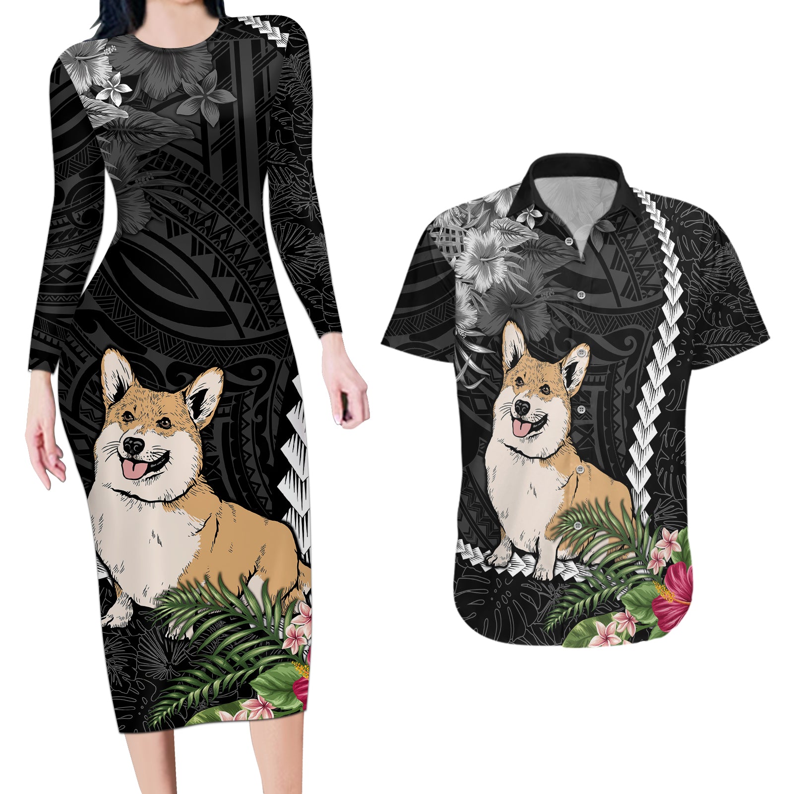 Personalised Polynesian Dog Couples Matching Long Sleeve Bodycon Dress and Hawaiian Shirt Corgi Mix Tropical Flowers LT7 Black - Polynesian Pride