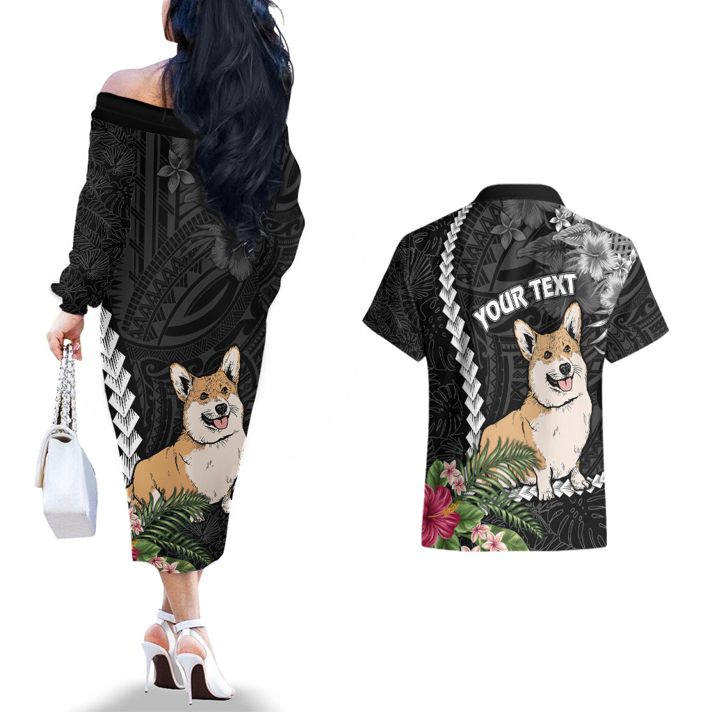Personalised Polynesian Dog Couples Matching Off The Shoulder Long Sleeve Dress and Hawaiian Shirt Corgi Mix Tropical Flowers LT7 - Polynesian Pride