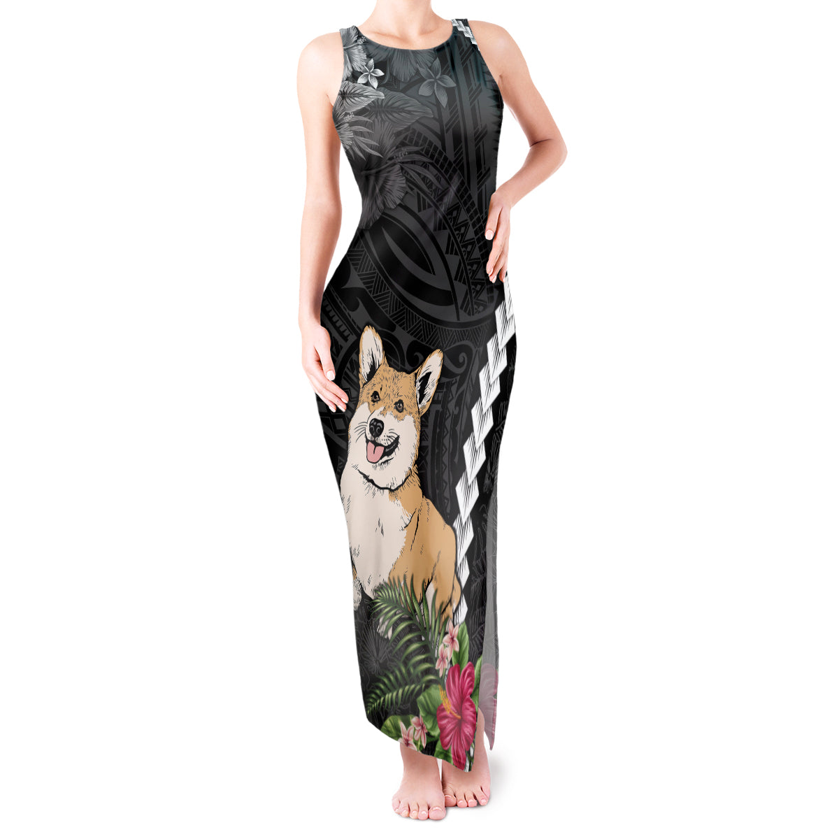 Personalised Polynesian Dog Tank Maxi Dress Corgi Mix Tropical Flowers LT7 Women Black - Polynesian Pride