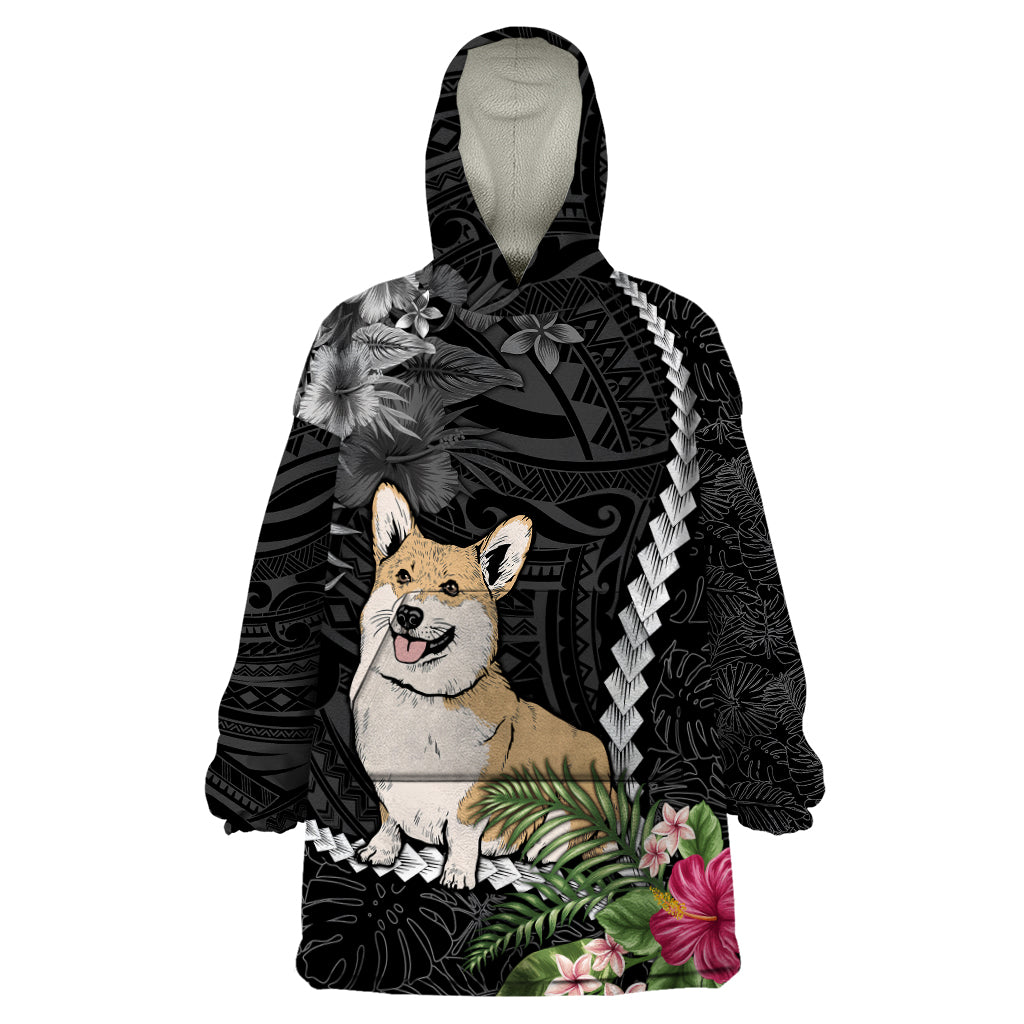 Personalised Polynesian Dog Wearable Blanket Hoodie Corgi Mix Tropical Flowers LT7 One Size Black - Polynesian Pride