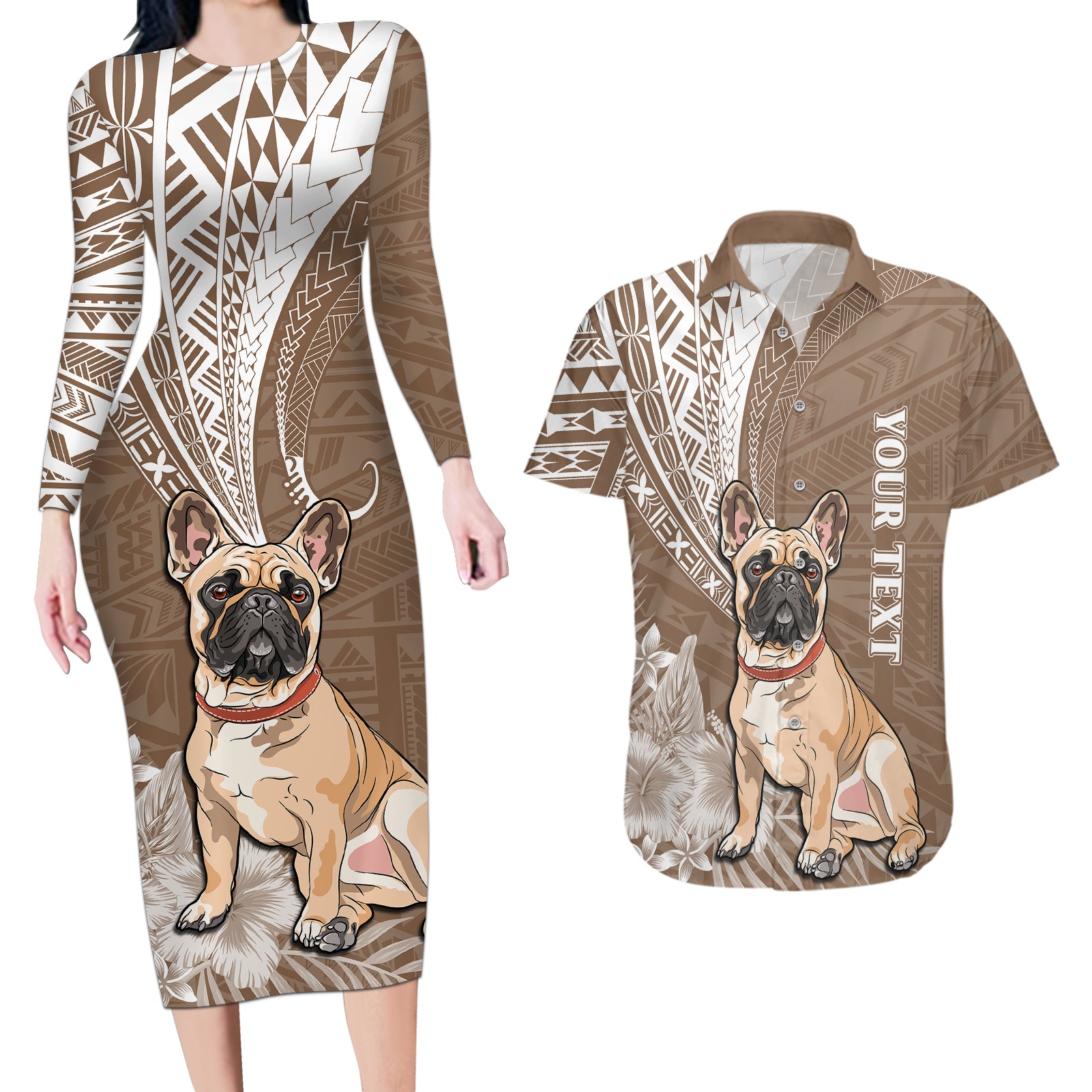 Personalised Polynesian Pacific Bulldog Couples Matching Long Sleeve Bodycon Dress and Hawaiian Shirt With Brown Hawaii Tribal Tattoo Patterns LT7 Brown - Polynesian Pride