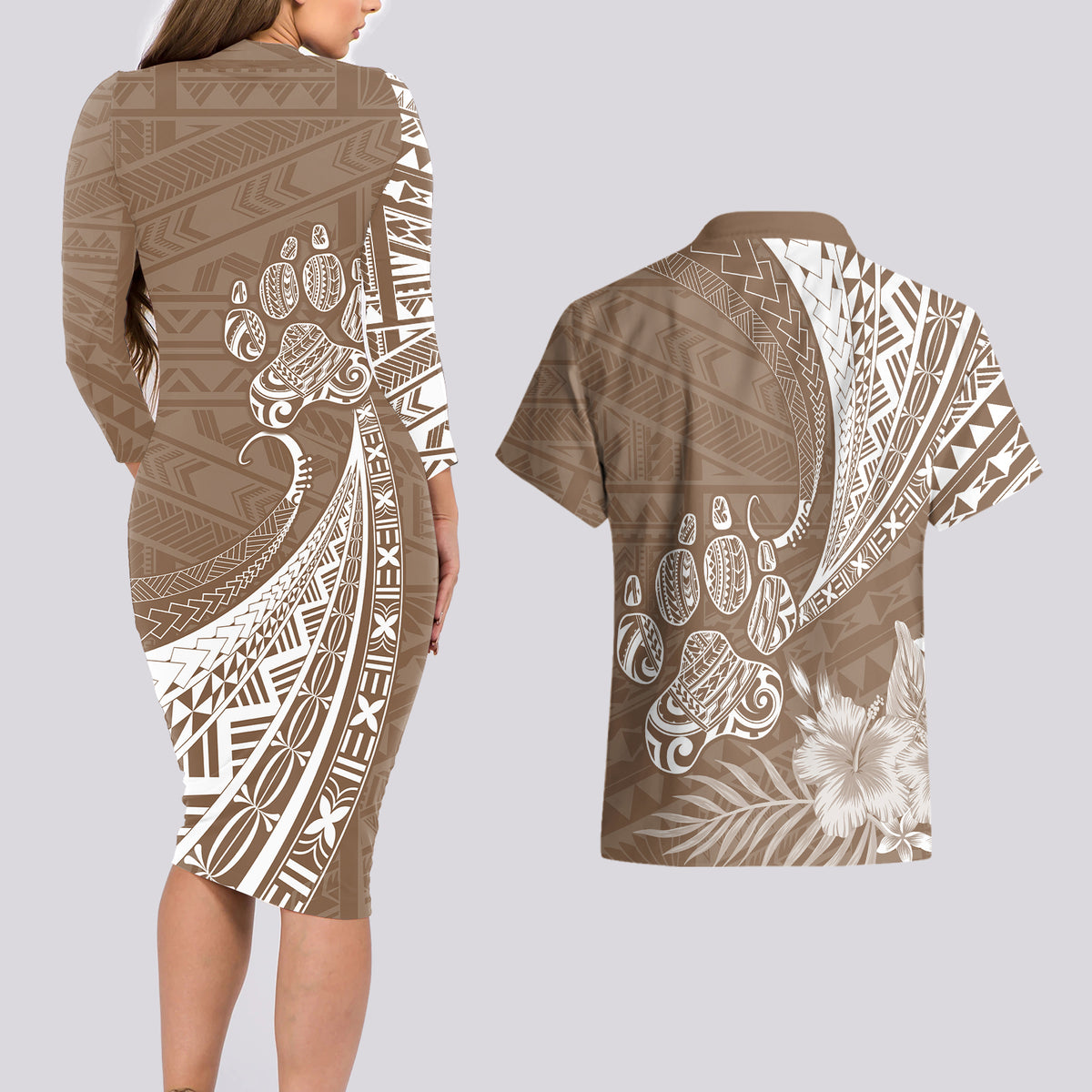 Personalised Polynesian Pacific Bulldog Couples Matching Long Sleeve Bodycon Dress and Hawaiian Shirt With Brown Hawaii Tribal Tattoo Patterns LT7 - Polynesian Pride