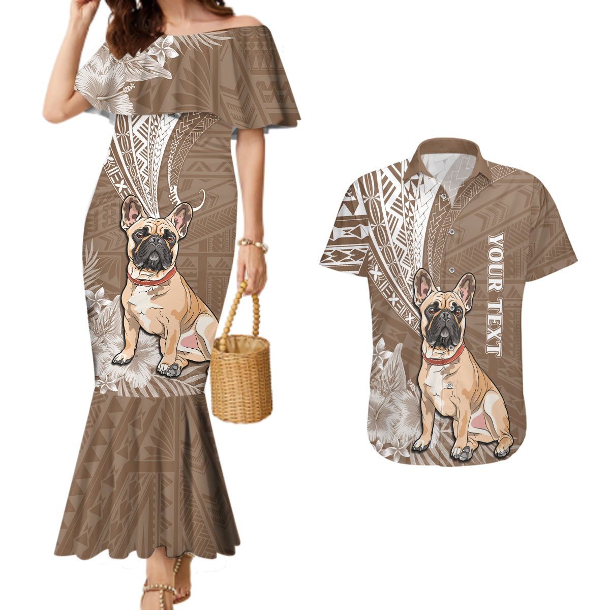 Personalised Polynesian Pacific Bulldog Couples Matching Mermaid Dress And Hawaiian Shirt With Brown Hawaii Tribal Tattoo Patterns LT7 Brown - Polynesian Pride