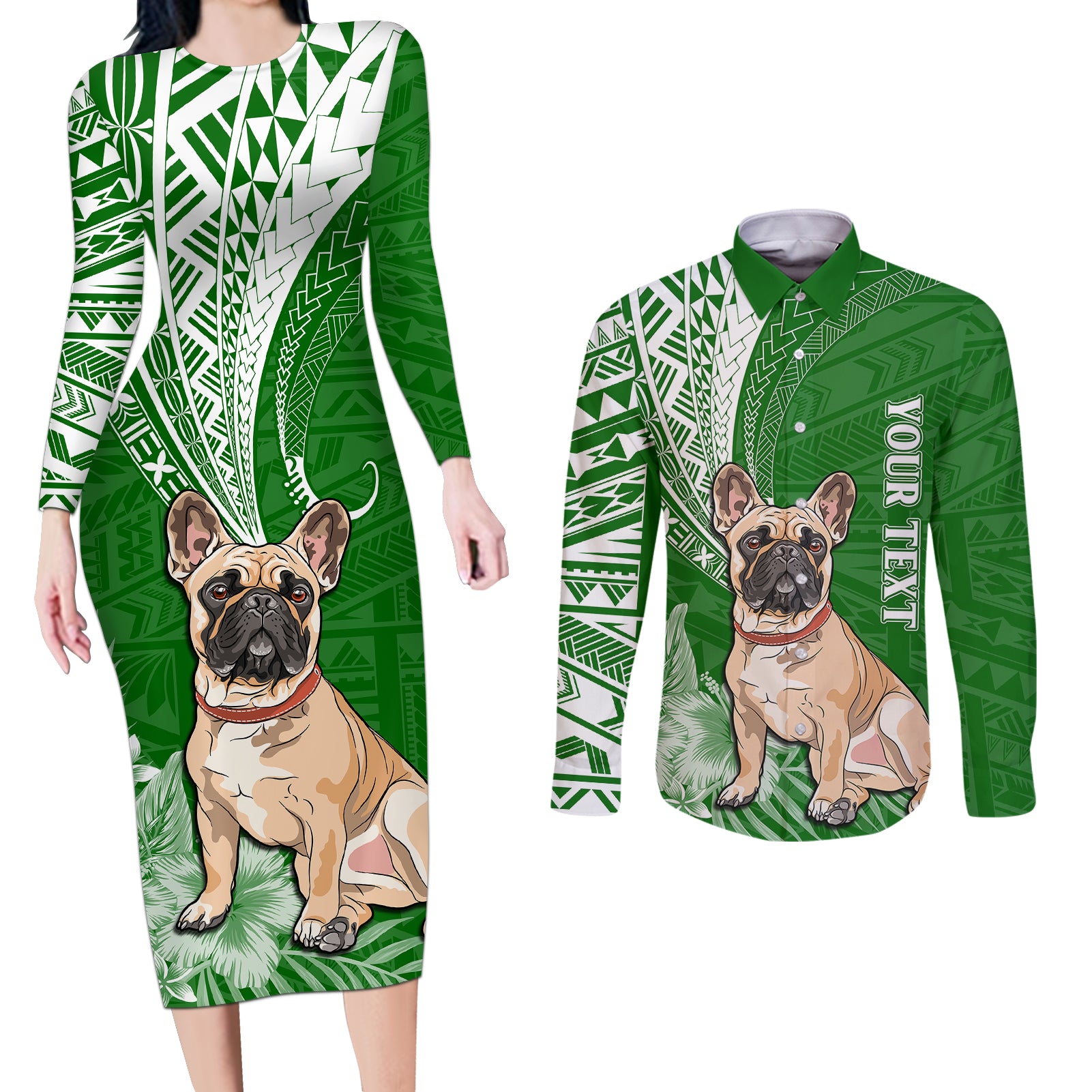 Personalised Polynesian Pacific Bulldog Couples Matching Long Sleeve Bodycon Dress and Long Sleeve Button Shirts With Emerald Hawaii Tribal Tattoo Patterns LT7 Green - Polynesian Pride