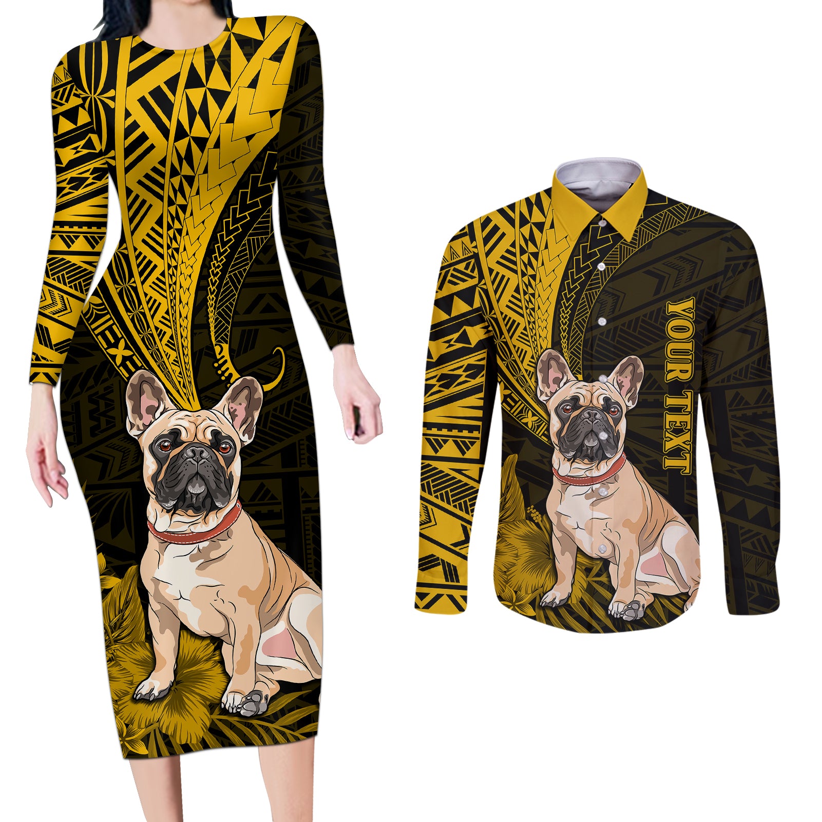 Personalised Polynesian Pacific Bulldog Couples Matching Long Sleeve Bodycon Dress and Long Sleeve Button Shirts With Gold Hawaii Tribal Tattoo Patterns LT7 Gold - Polynesian Pride