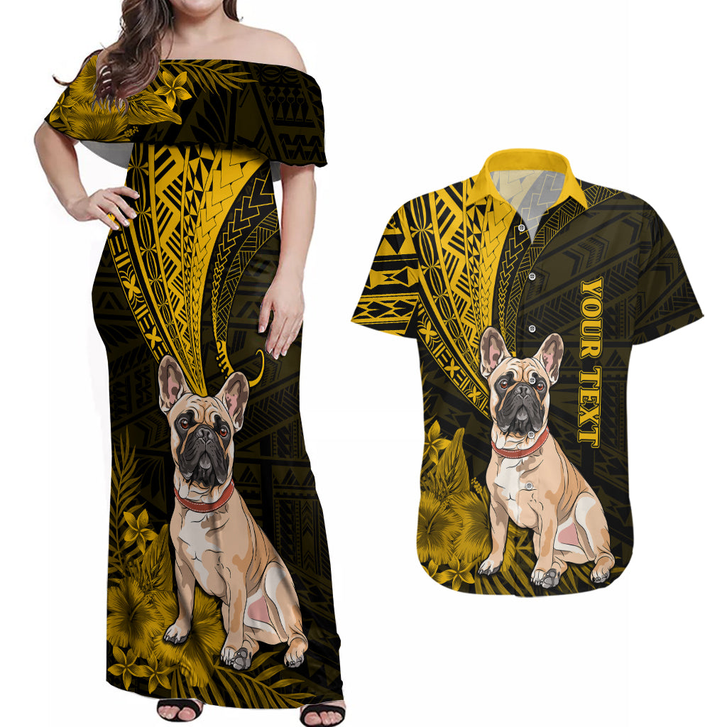 Personalised Polynesian Pacific Bulldog Couples Matching Off Shoulder Maxi Dress and Hawaiian Shirt With Gold Hawaii Tribal Tattoo Patterns LT7 Gold - Polynesian Pride