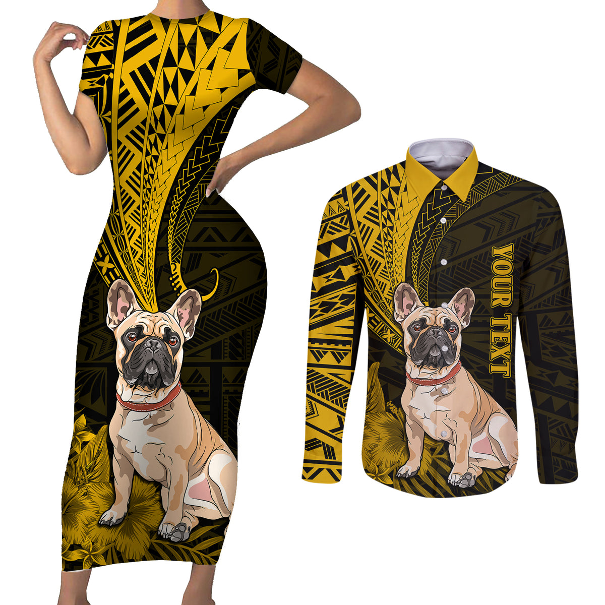 Personalised Polynesian Pacific Bulldog Couples Matching Short Sleeve Bodycon Dress and Long Sleeve Button Shirts With Gold Hawaii Tribal Tattoo Patterns LT7 Gold - Polynesian Pride