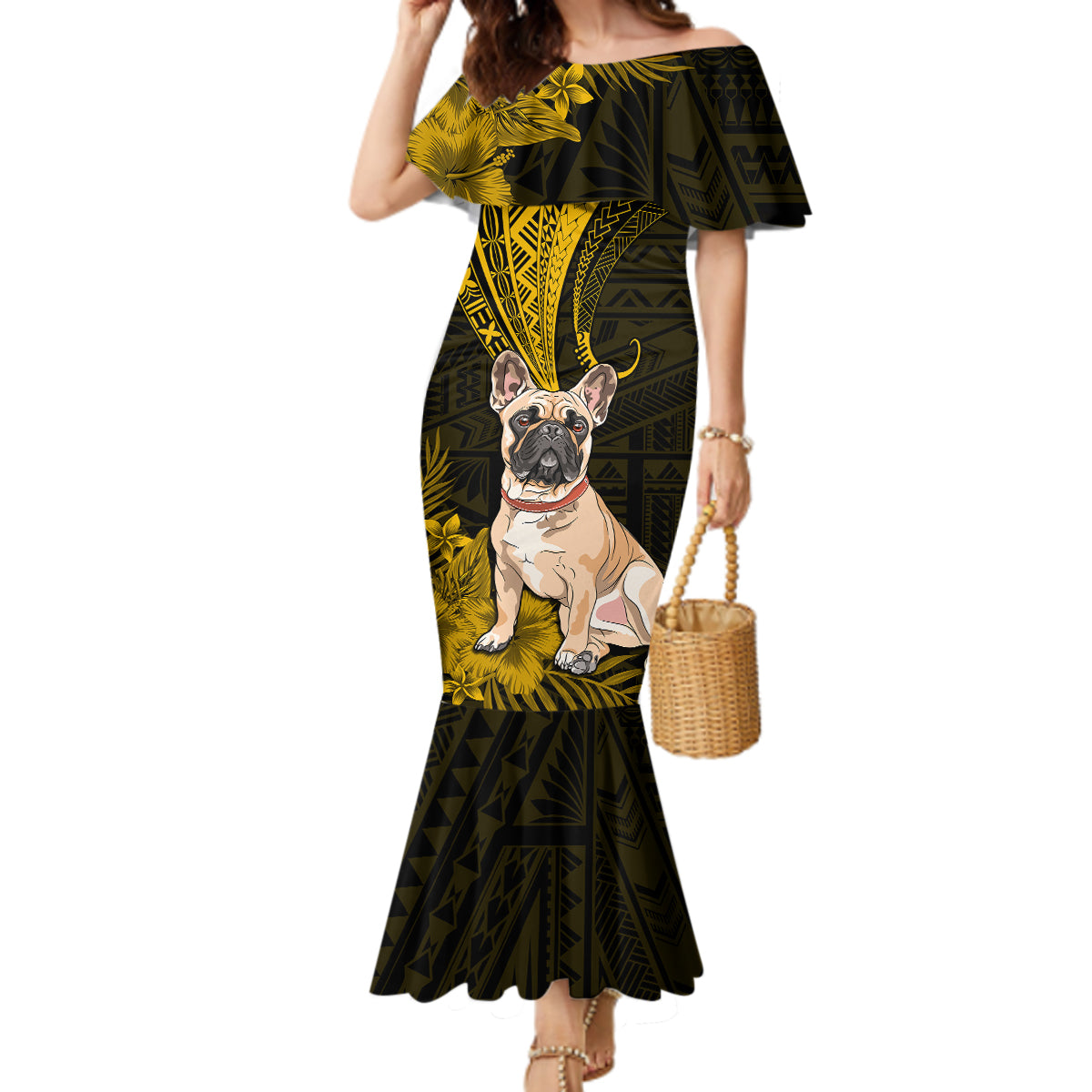 Personalised Polynesian Pacific Bulldog Mermaid Dress With Gold Hawaii Tribal Tattoo Patterns LT7 Women Gold - Polynesian Pride