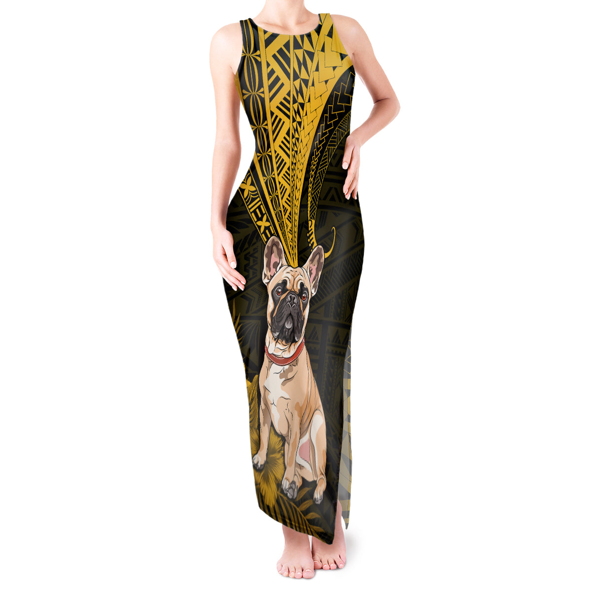 Personalised Polynesian Pacific Bulldog Tank Maxi Dress With Gold Hawaii Tribal Tattoo Patterns LT7 Women Gold - Polynesian Pride