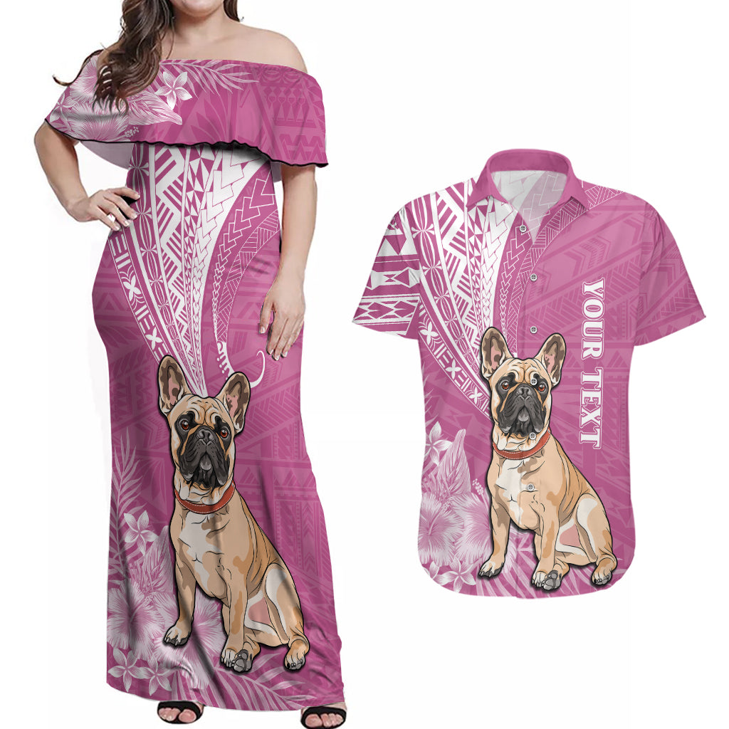 Personalised Polynesian Pacific Bulldog Couples Matching Off Shoulder Maxi Dress and Hawaiian Shirt With Pink Hawaii Tribal Tattoo Patterns LT7 Pink - Polynesian Pride