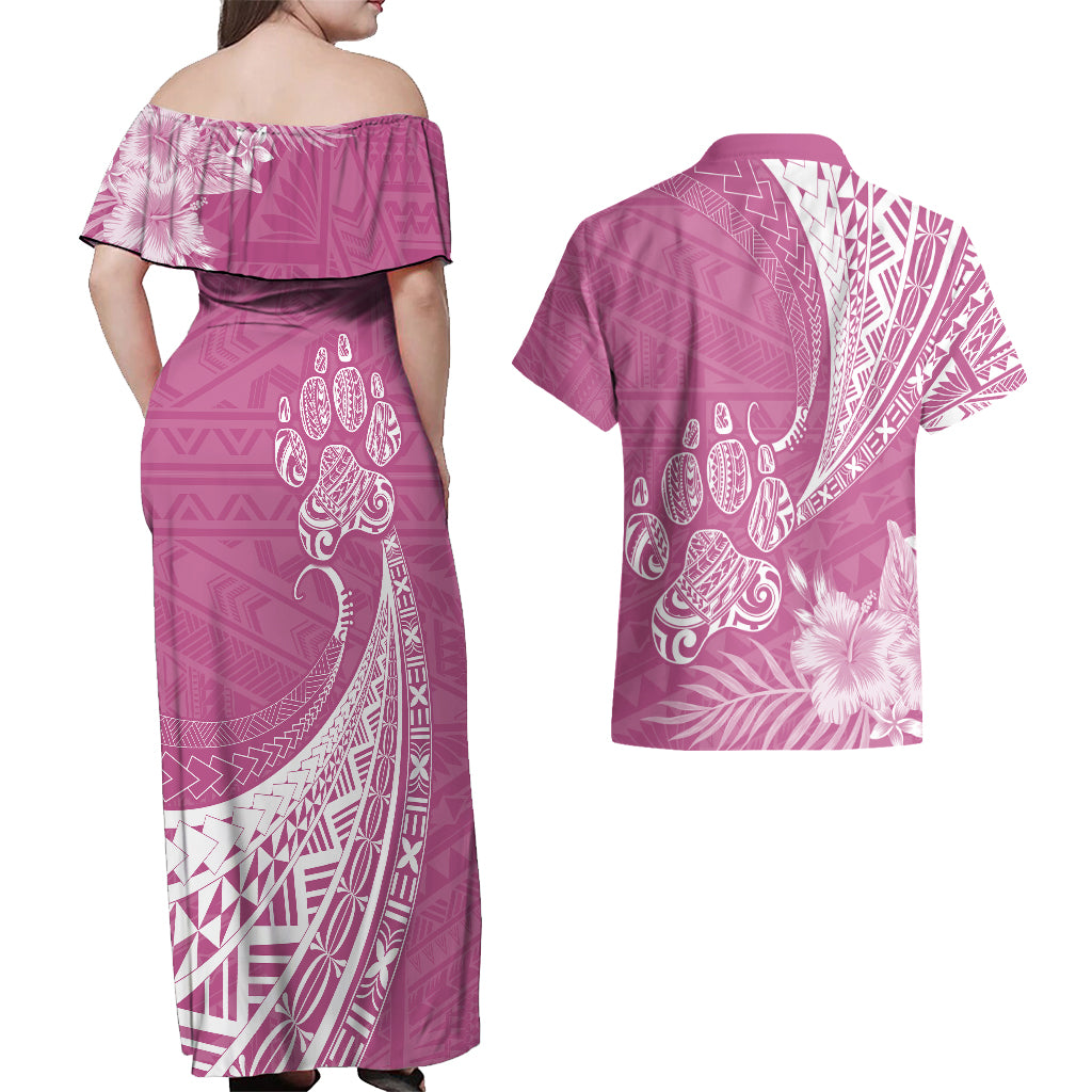 Personalised Polynesian Pacific Bulldog Couples Matching Off Shoulder Maxi Dress and Hawaiian Shirt With Pink Hawaii Tribal Tattoo Patterns LT7 - Polynesian Pride