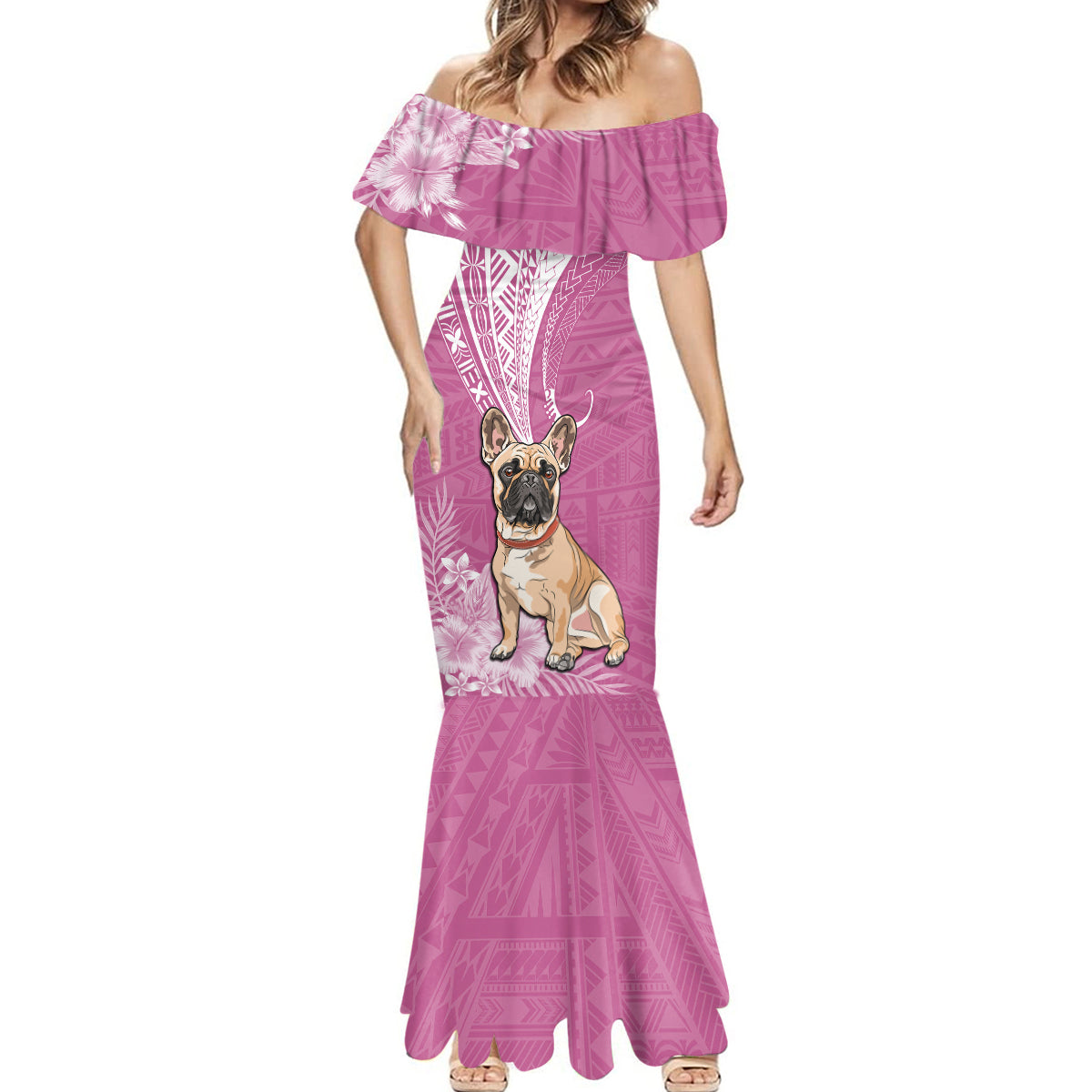 Personalised Polynesian Pacific Bulldog Mermaid Dress With Pink Hawaii Tribal Tattoo Patterns LT7 - Polynesian Pride