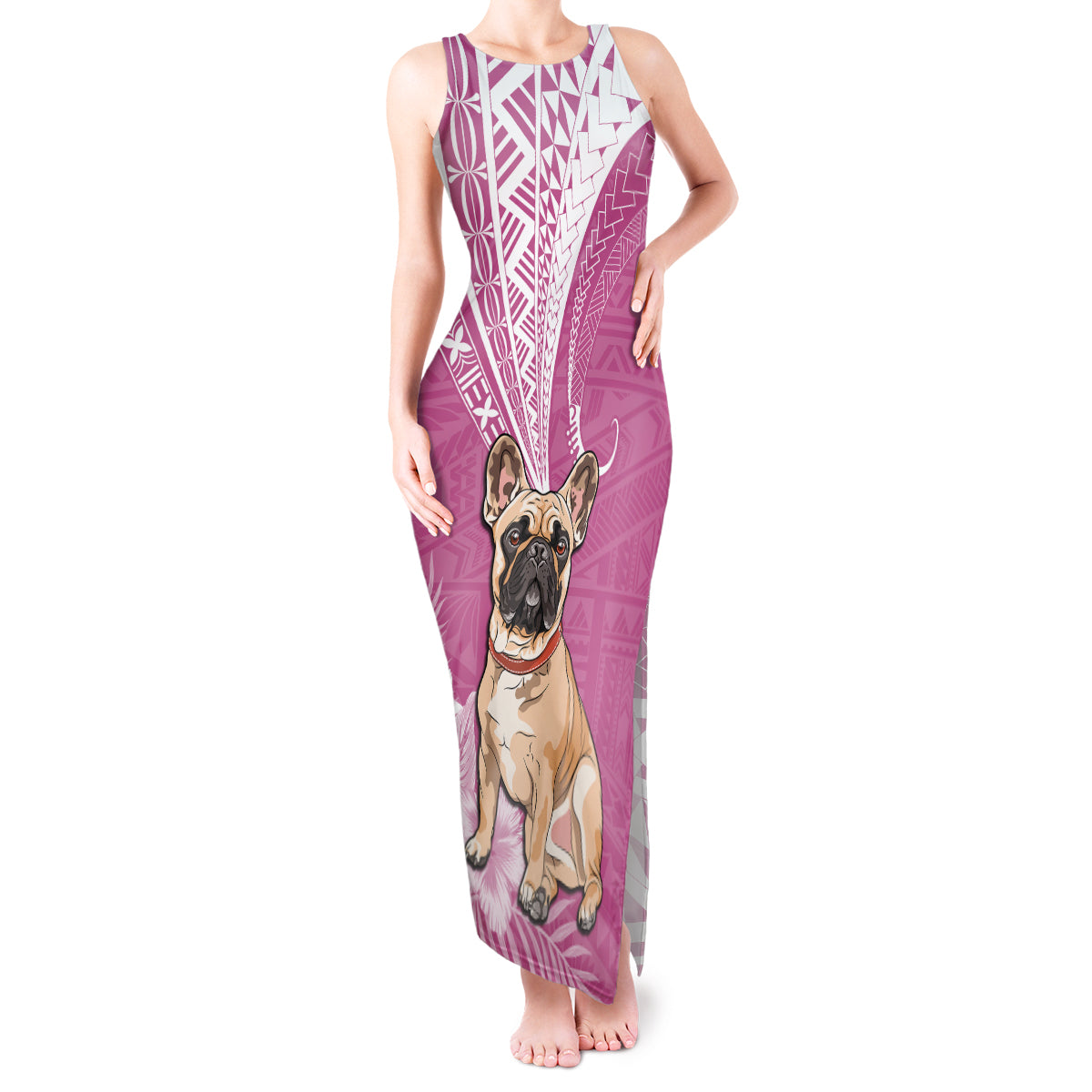 Personalised Polynesian Pacific Bulldog Tank Maxi Dress With Pink Hawaii Tribal Tattoo Patterns LT7 Women Pink - Polynesian Pride