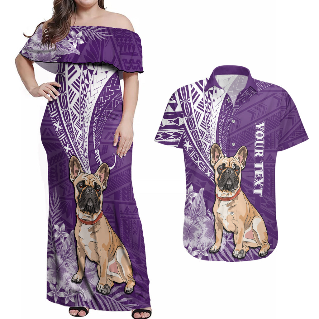 Personalised Polynesian Pacific Bulldog Couples Matching Off Shoulder Maxi Dress and Hawaiian Shirt With Violet Hawaii Tribal Tattoo Patterns LT7 Purple - Polynesian Pride