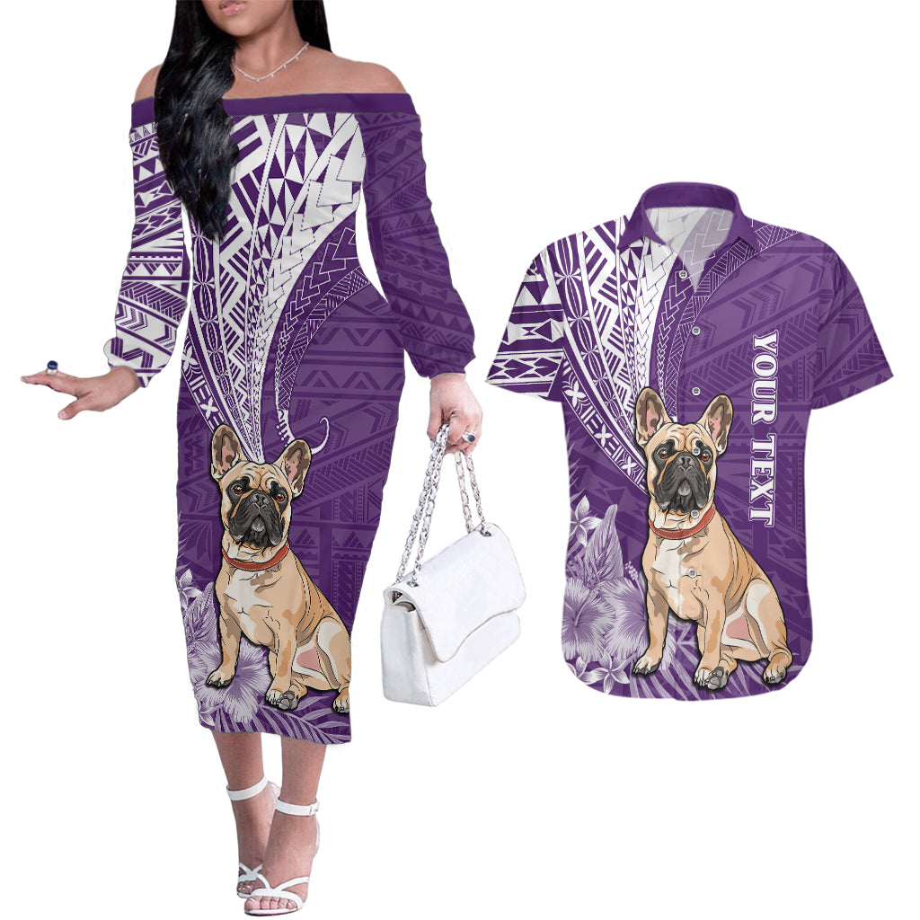 Personalised Polynesian Pacific Bulldog Couples Matching Off The Shoulder Long Sleeve Dress and Hawaiian Shirt With Violet Hawaii Tribal Tattoo Patterns LT7 Purple - Polynesian Pride