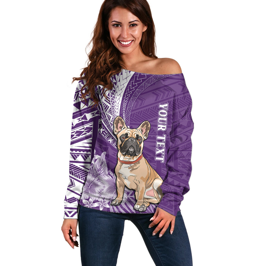 Personalised Polynesian Pacific Bulldog Off Shoulder Sweater With Violet Hawaii Tribal Tattoo Patterns LT7 Women Purple - Polynesian Pride