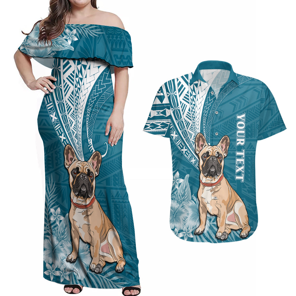 Personalised Polynesian Pacific Bulldog Couples Matching Off Shoulder Maxi Dress and Hawaiian Shirt With Teal Hawaii Tribal Tattoo Patterns LT7 Teal - Polynesian Pride