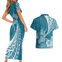 Personalised Polynesian Pacific Bulldog Couples Matching Short Sleeve Bodycon Dress and Hawaiian Shirt With Teal Hawaii Tribal Tattoo Patterns LT7 - Polynesian Pride